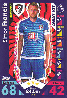 Simon Francis AFC Bournemouth 2016/17 Topps Match Attax Away Kit #361